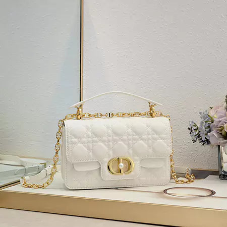 Quilted leather bag with flap closure - Gold chain crossbody bag with pearl clasp