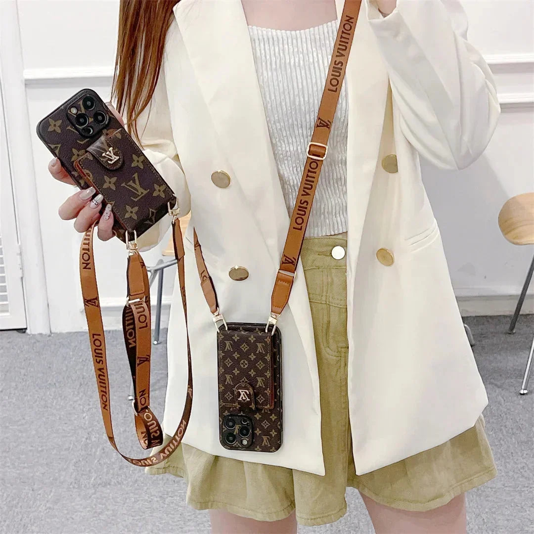 Leather LV Card Holder Crossbody Case for iPhone 13-18 Pro & Pro Max