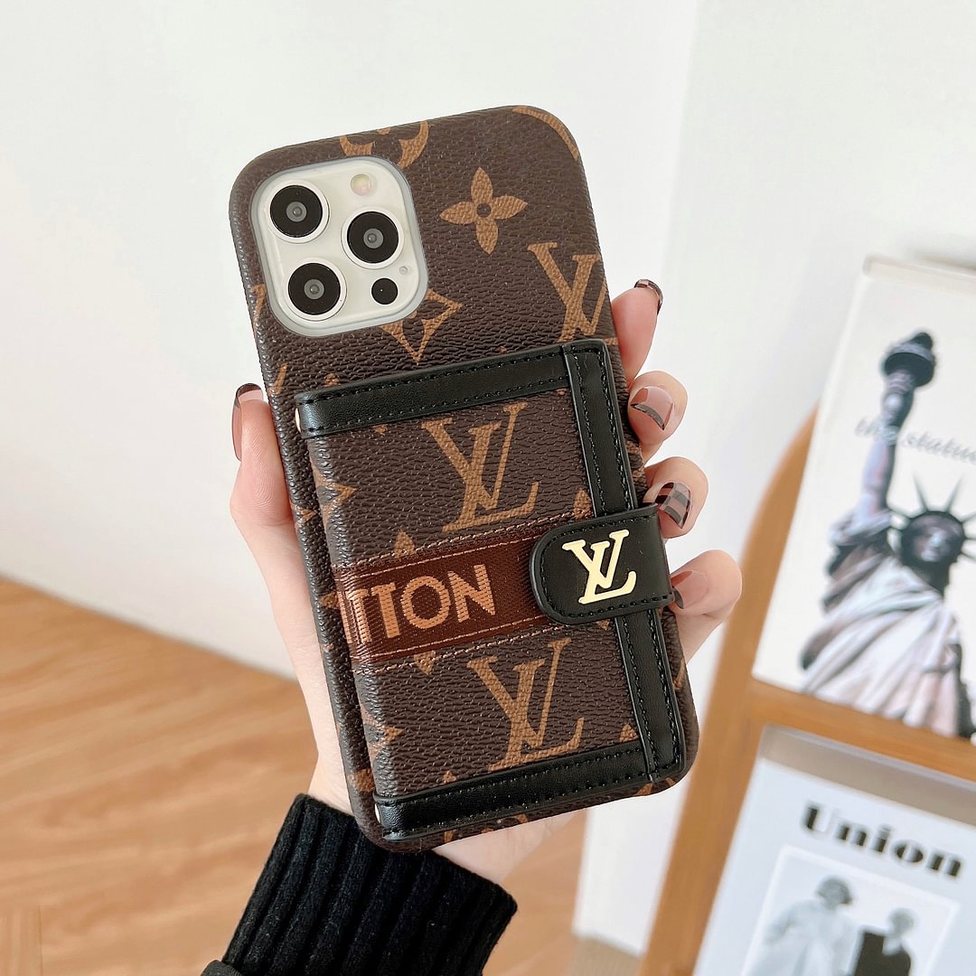Luxury Embroidered Case with Card Holder & Strap for iPhone 13–18 Pro Max