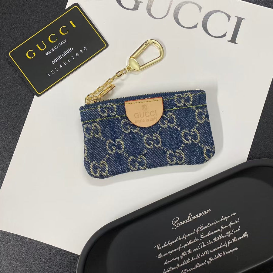 Denim Monogram Keychain Pouch Collection with Gold Clasps
