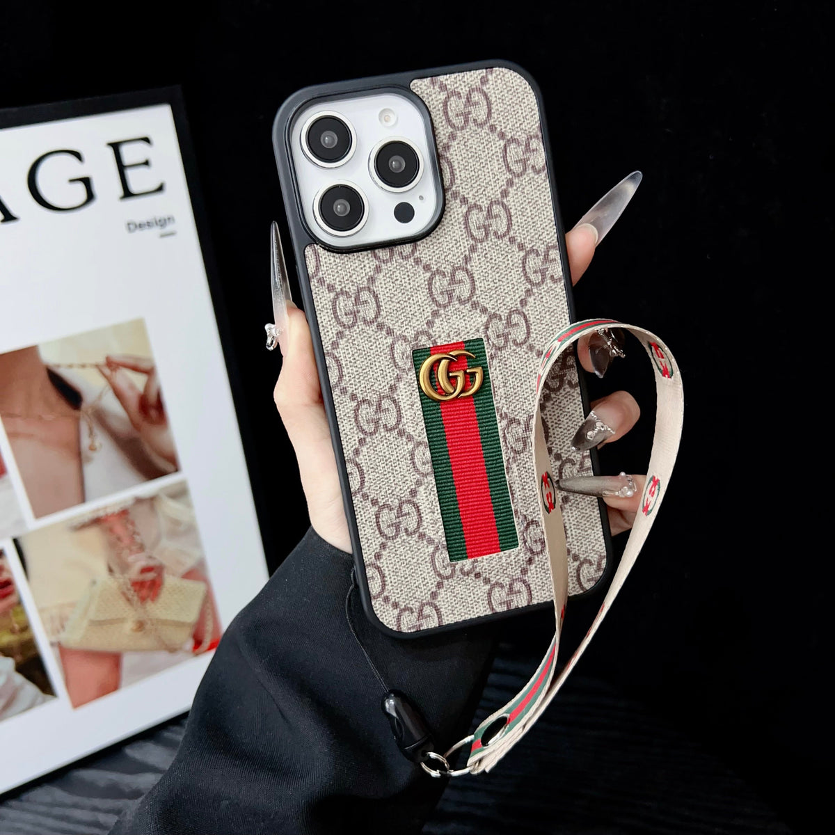 Premium GG Monogram Case with Web Wrist Strap for iPhone 12-18 Pro & Pro Max