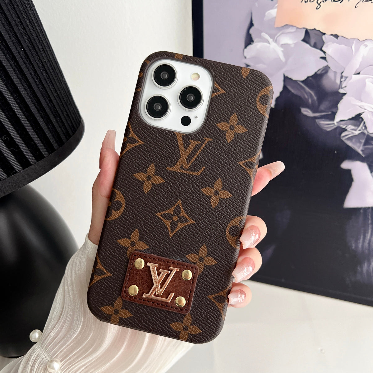 Luxury Monogram Leather Case Hard Back PC for iPhone 12-18 Pro & Pro Max