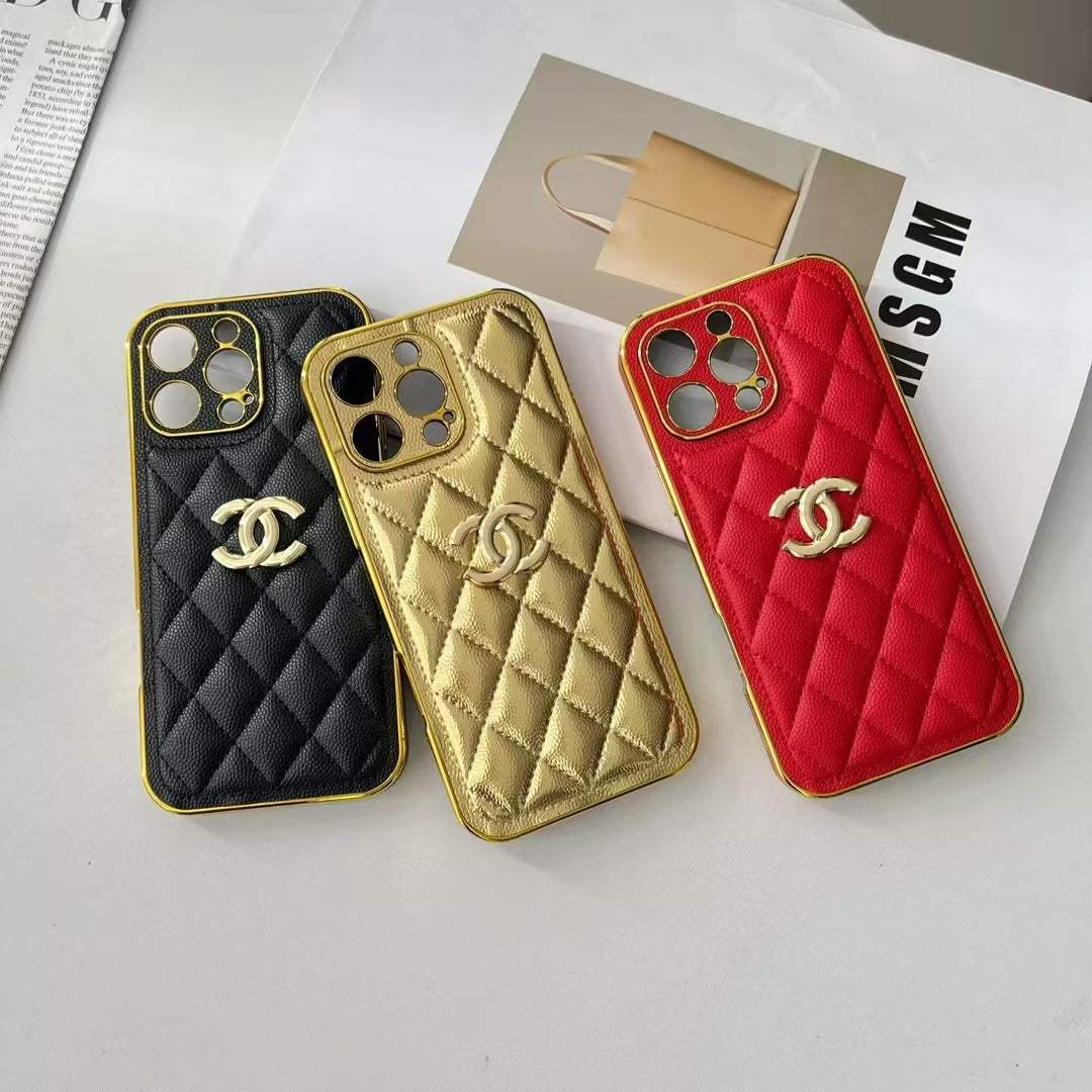 Luxury Chanel Cream Case with Gold Edge Frame for iPhone 12-18 Pro & Pro Max
