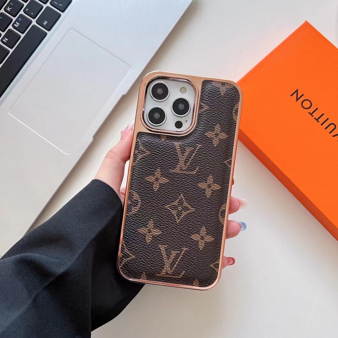 LV Classic Monogram Leather Case with Gold Border for iPhone 13-18 Pro & Pro Max