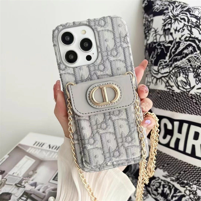 Dior Luxury iPhone Case with Chain, Card Slot, and Metal Logo for iPhone 12-18 Pro & Pro Max