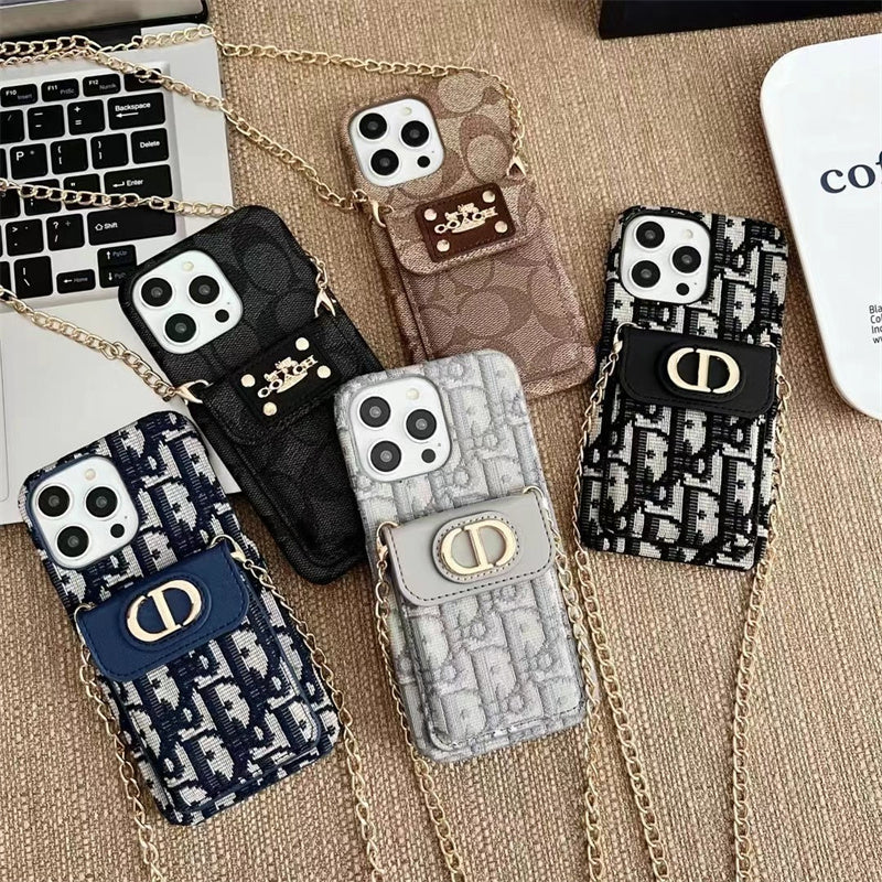 Dior Luxury iPhone Case with Chain, Card Slot, and Metal Logo for iPhone 12-18 Pro & Pro Max