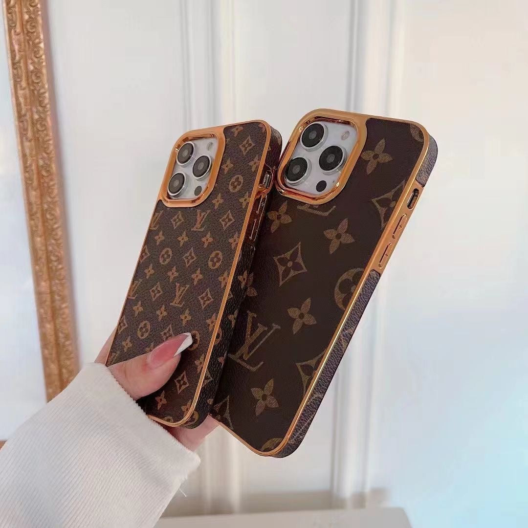 LV Classic Monogram Leather Case with Gold Border for iPhone 13-18 Pro & Pro Max
