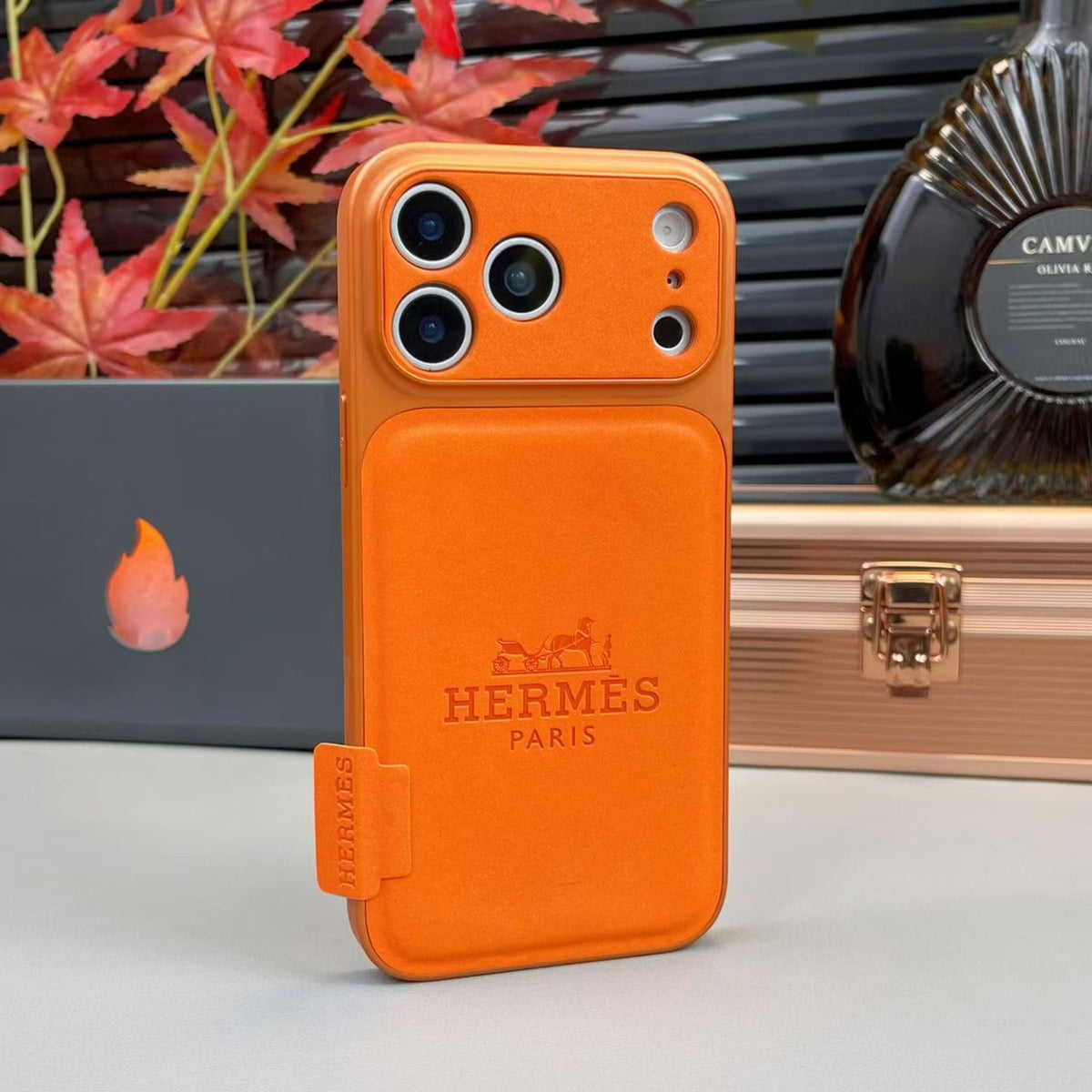 HRM Leather Flap Pocket Phone Case with Embossed Logo for iPhone 14-18 Pro & Pro Max