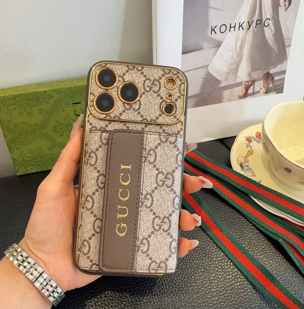 Classic Gucci monogram phone case with card slot & crossbody lanyard