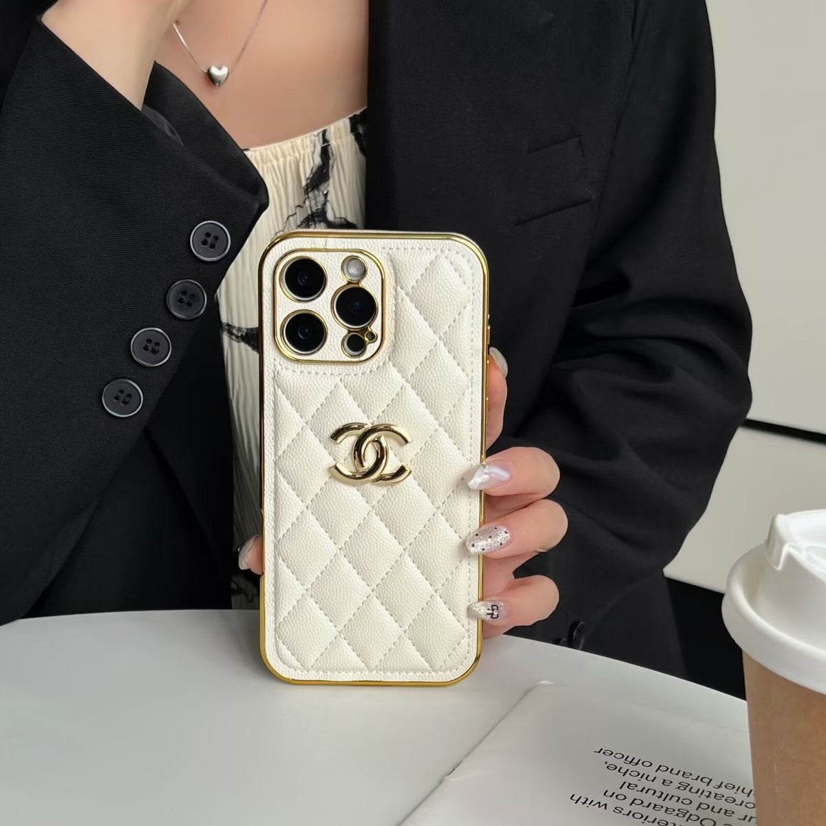 Luxury Chanel Cream Case with Gold Edge Frame for iPhone 12-18 Pro & Pro Max