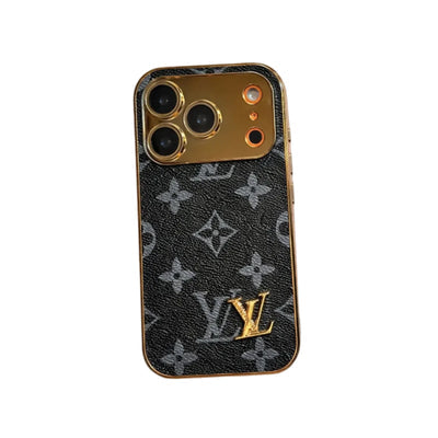 Elite Monogram Leather Case with Gold Accents for iPhone 13–18 Pro Max