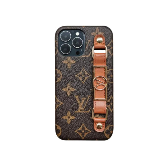 Luxury Monogram Leather Case with Wrist Strap Band for iPhone 12-18 Pro & Pro Max